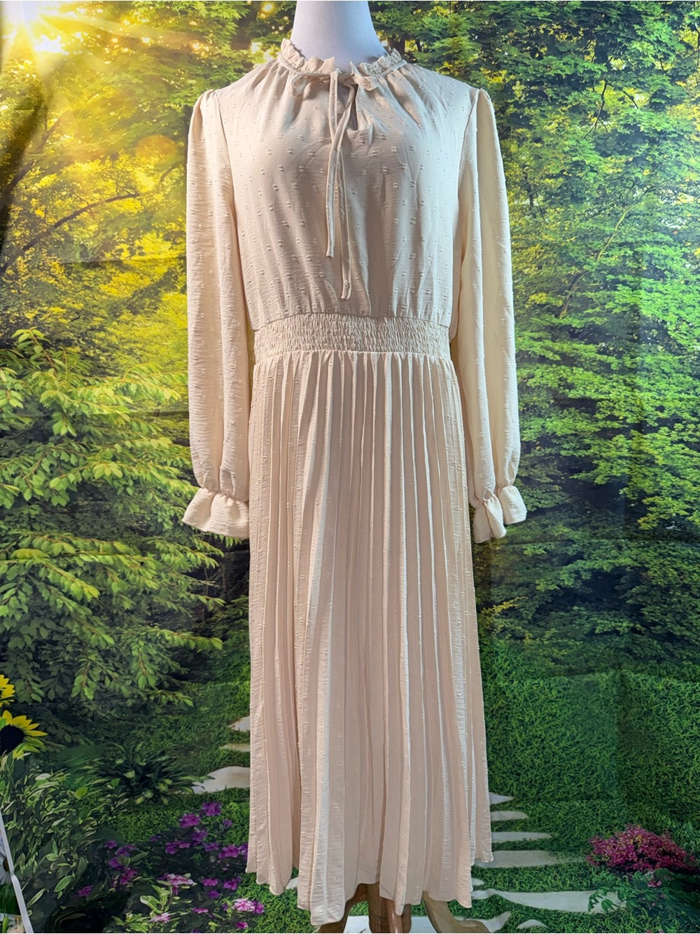950-Petty Garden Cream Ruffle-Neck Long Sleeve Pleated Maxi Dress